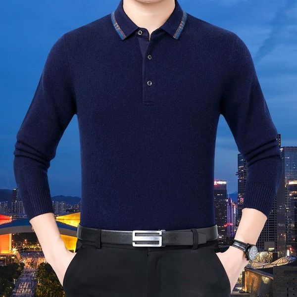 

winter to keep warm pure cashmere cashmere sweater middle-aged long-sleeved thickening leisure lapel sweater male cyan, White;black