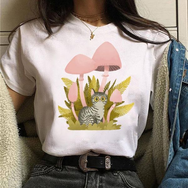 

flower and cat print t-shirt harajuku women t shirt cartoon tee shirts female summer short sleeve t-shirt woman cute tshirt, White