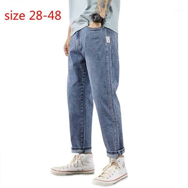 

qmgood summer loose jeans men denim mens jean homme 46 48 plus size extra large blue casual men jeans pants ankle-length pants1