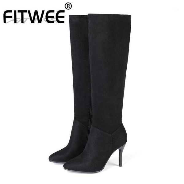 

boots fitwee plus size 34-46 winter long women pointed toe knee high shoes casual zipper thin heels knight boots1, Black