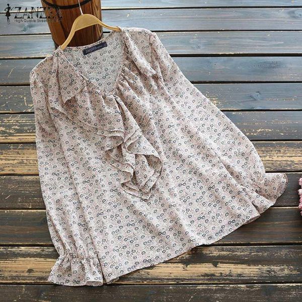 

2021 summer floral printed shirts fashion ruffle blouse zanzea women v neck long sleeve blusas female tunic chemise s 5xl, White