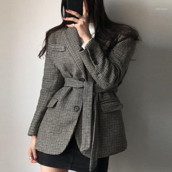 

2020 new autumn winter korean office lady plaid woolen sashes blazer jacket long sleeve suit outwear oversize chic women coats1, White;black