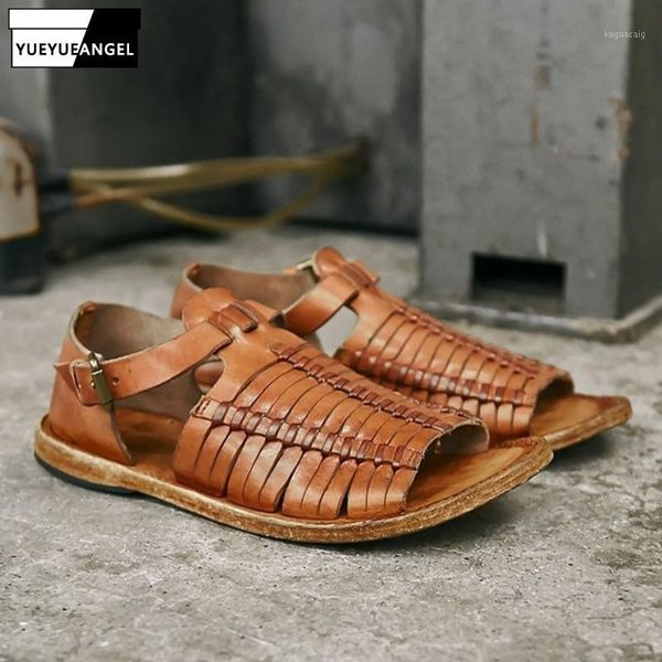 

sandals handmade weave vintage rome men luxury genuine leather cowhide summer open toe buckle flat shoes plus size1, Black