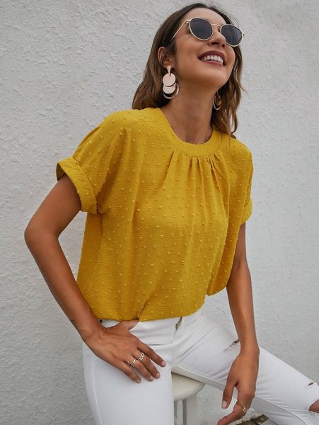 

solid swiss dot keyhole back batwing sleeve blouse 38mr#, White