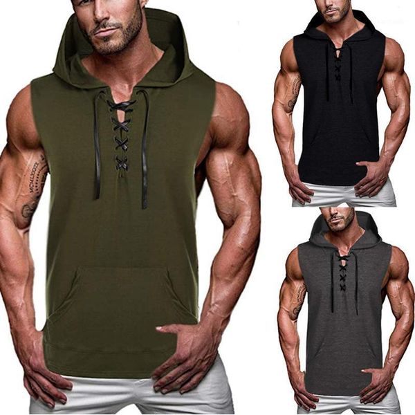 

running jerseys men vests casual slim fit t-shirt sleeveless string bandage straps patchwork wild tee shirts gym solid 20211, Black;blue