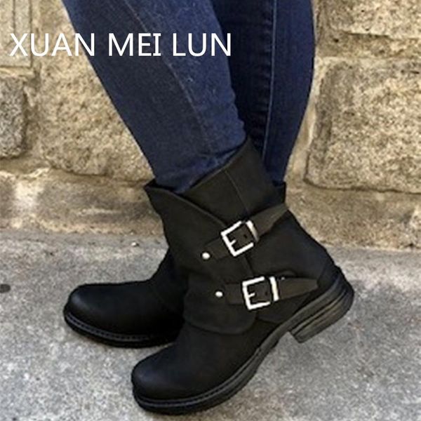 

style new autumn/winter 2020 comfortable low heel square heel 35-43 low barrel leather buckle boots for women, Black