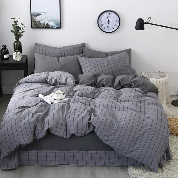 

bedding sets nordic style pure cotton duvet cover bed set sheet pillowcases gentle blue plaid simple soft home  king1