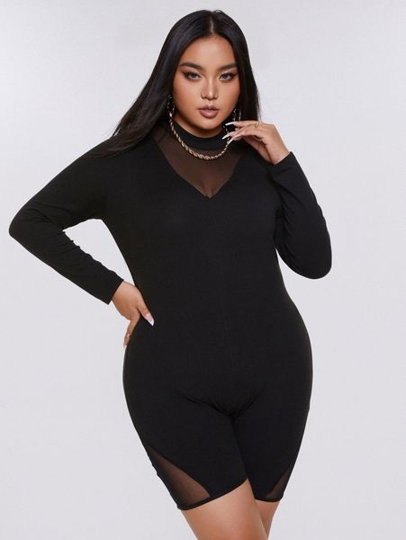 

plus contrast mesh unitard romper q7ha#, Black