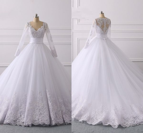 2022 Abito da sposa vita impero con maniche lunghe poeta classico scollo a V in pizzo applique perline nastro di paillettes pieghe da sposa Dre214Y