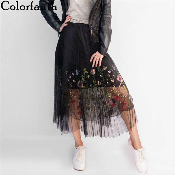 

colorfaith 2019 new puff women mesh tulle long skirt fashion vintage pleated floral embroidery elegant female tutu skirts sp043 1014, Black