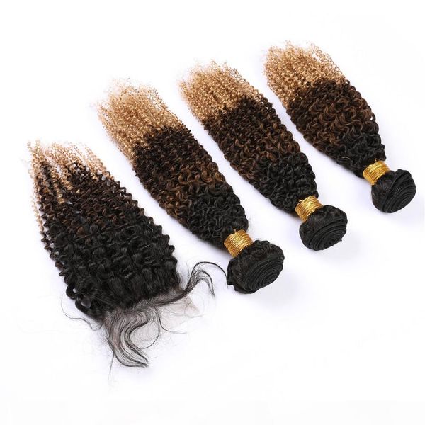 

три тона малазийского kinky завитого человеческие волосы # 1b-27 ombre 3bundles и кружево закрытие черного браун honey blonde ombre ткет вол, Black;brown