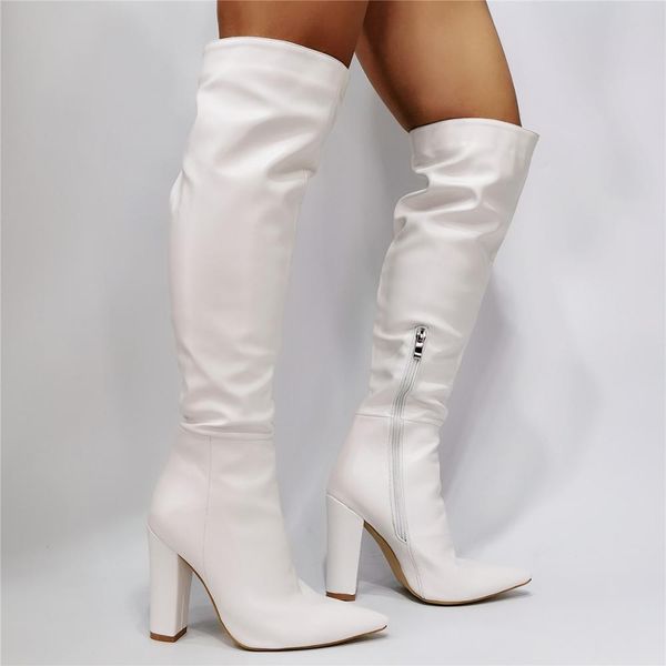 

woman fashion white color over the knee boots pointed toe chunky heels thigh high long leather boots plus size 45, Black