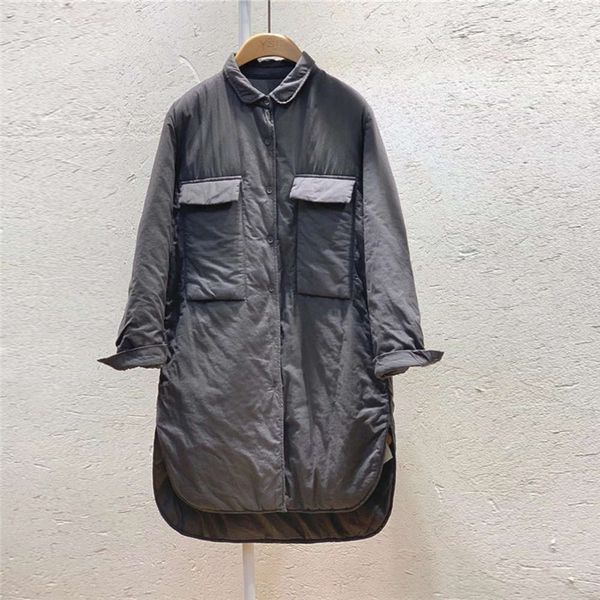 

yishiji 1536 winter korean literature and art personality cloth cover pocket loose casual front short back long clip cotton shirt, White