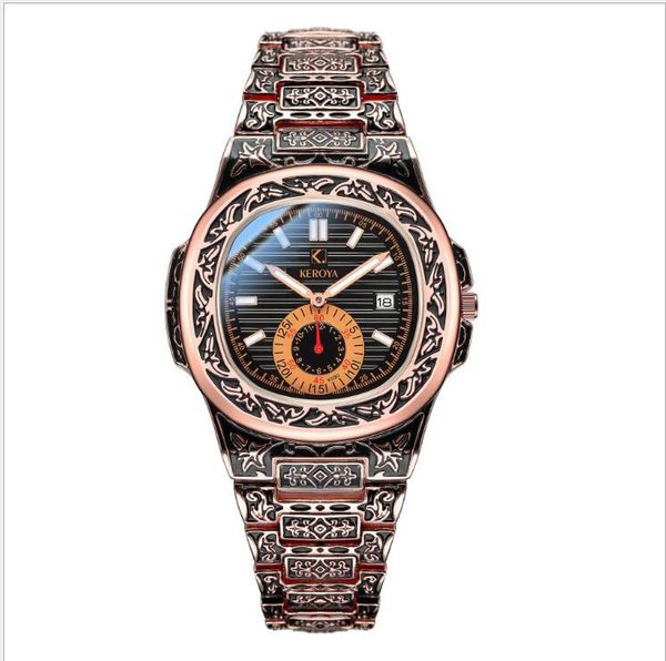 

internet sensation rose carved steel belt quartz watch classic swiss calendar mens watch foreign trade popular style, Slivery;brown