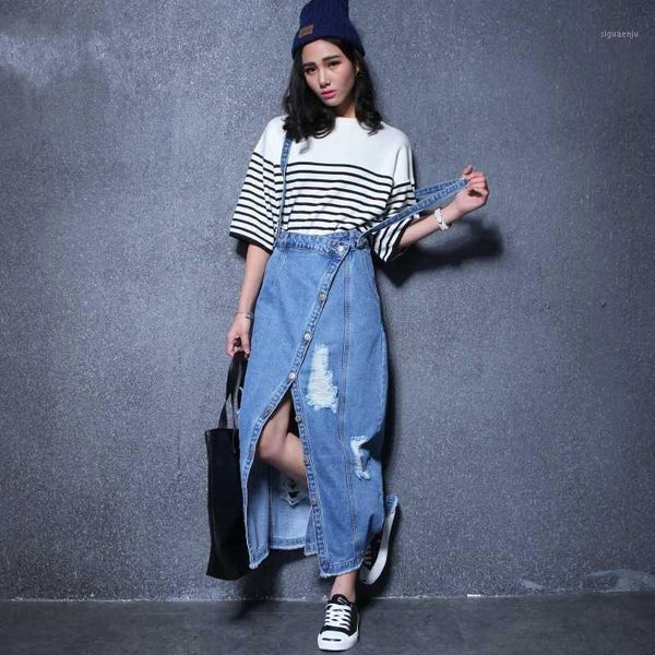 

spring summer new women novetly personality loose maxi ripped pockets holes suspender skirt long overalls1, Black