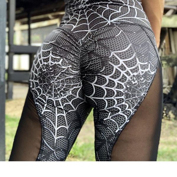 

черный темно-кругопряд печати поножи высокой талией сетки фитнес женщины леггинсы дышащий лоскутная dry быстрый брюки, Black