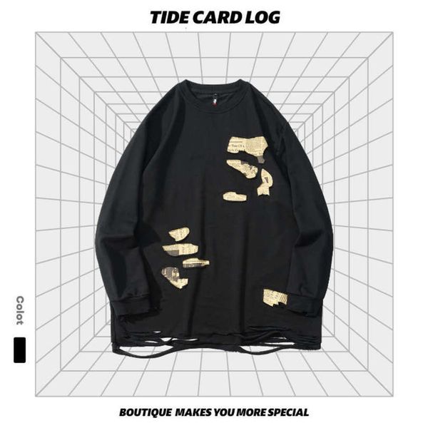 

autumn and winter tide brand new high street hole digging patch cut rotten loose mouth hem round neck black sweater