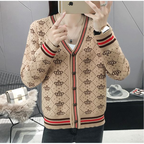 À venda outono inverno mulheres v pescoço coroa impresso malha cardigan roupas feminino casual manga longa coreana camisola quente tops