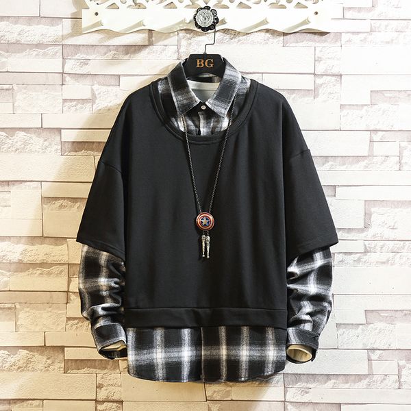 

mens fashion casual patchwork plaid hoodies sweatshirts hip hop punk streetwear casual pullover loose male pullover streetwear, Black