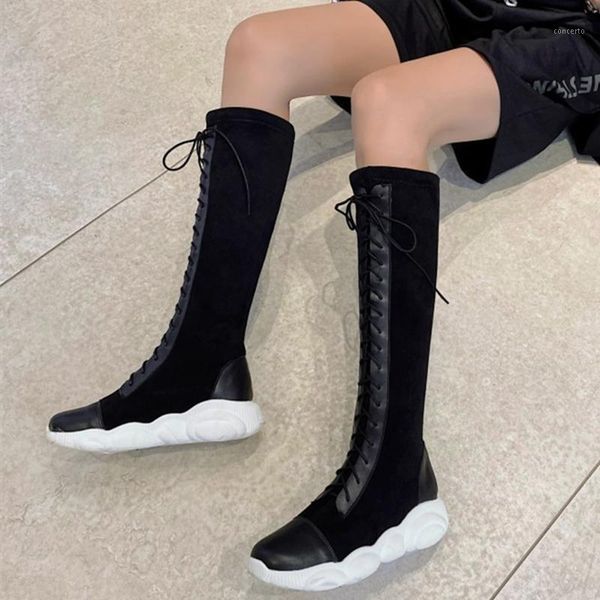 

ladies home outside flat heel boots customized big size 46 fashion soft thick bottom lace up women knee high boots1, Black