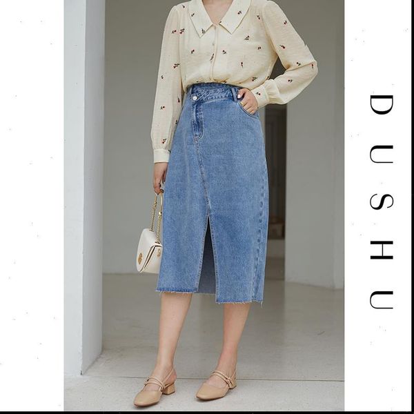 

plus size long high waist denim skirt women split tassel fringe elegant skirt blue female vintage a line skirt, Black