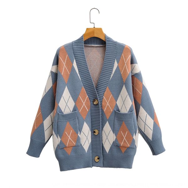 

q2773 korean women's wear fall winter 2020 new lazy v-neck double pocket diamond sweater diamond cardigan sweater for women 4553s, White;black