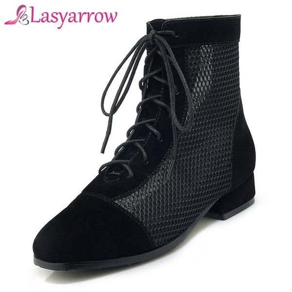 

boots lasyarrow round toe low square heels ankle 2021 spring summer lace up solid black pumps shoes woman plus size 33-43 j540