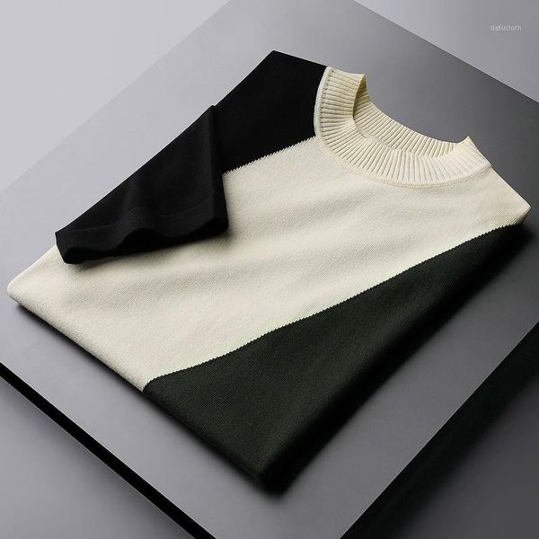 

minglu autumn winter short sleeve mens sweaters luxury mock neck contrast color casual man sweater slim fit male sweaters 3xl1, White;black