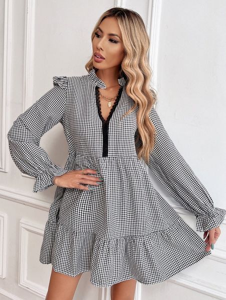 

gingham guipure lace trim flounce sleeve ruffle hem dress w7ug#, Black;gray