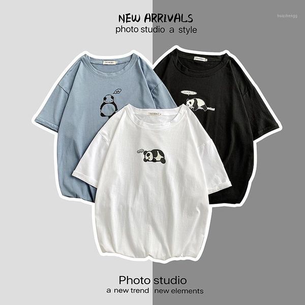 

t shirt men summer casual cotton panda printing short-sleeved men's t-shirt loose couple's half-sleeve clothes, White;black