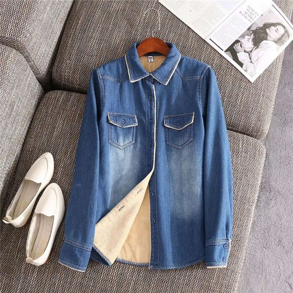 

autumn and winter of 2019 korean fashion versatile plush denim women's loose warm shirt, Black;brown