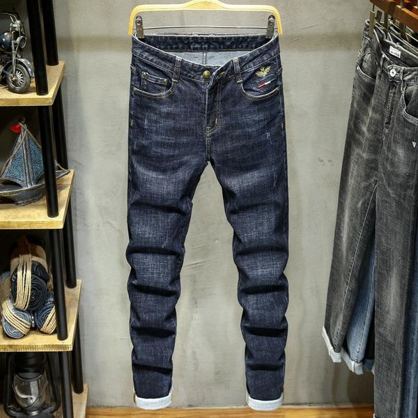 

ultra-high-end embroidery jeans male elastic slim-fitting ankle-tied exquisite nan zhang ku autumn and winter entity embroidery, Blue