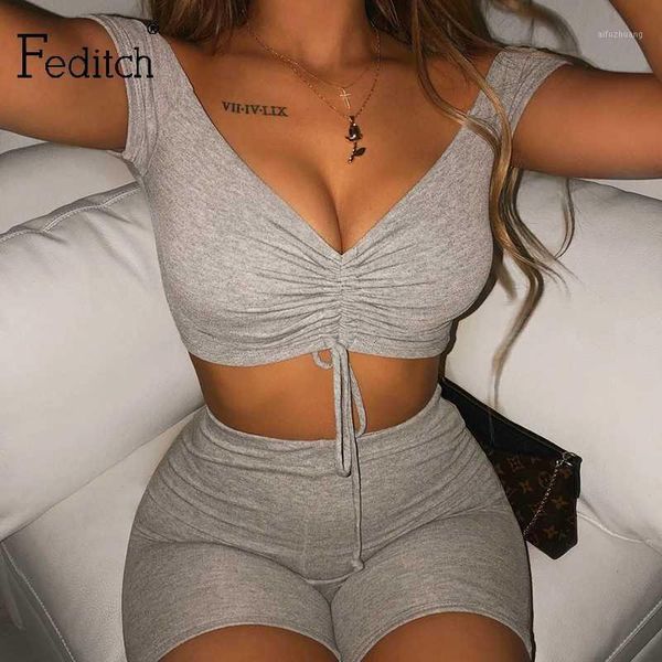

feditch 2020 summer off shoulder drawstring crop and knee length pants short sleeves 2 pieces set casual gray women set1