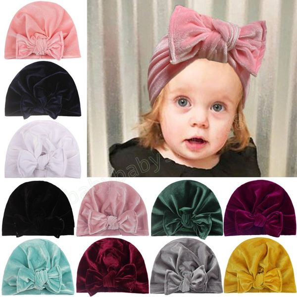 

fashion velvet big bow children infant caps kids soft solid color bowknot turban beanie hats newborn headwear birthday gift, Yellow