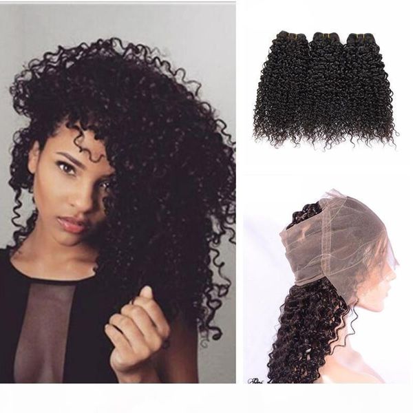 

kinky curly 360 ful lace frontal with 3 bundles wefts peruvian kinky curly human hair weaves with 360 band lace closure 4pcs lot, Black;brown