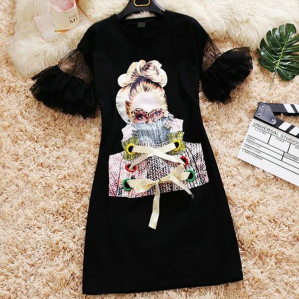 

women o neck punk girls printed lace up beading mesh dress gauze butterfly sleeve spliced bandage dress beaded 2018 summer, Black;gray