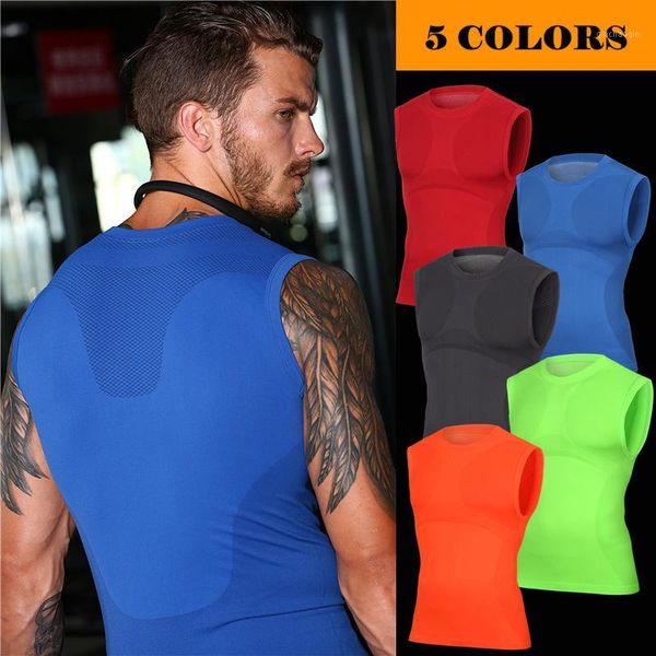 

outdoor t-shirts 2021 sleeveless high elastic men gym joggers running fitness muscle training sportswear shape tights exercise t-shirts1, Gray;blue