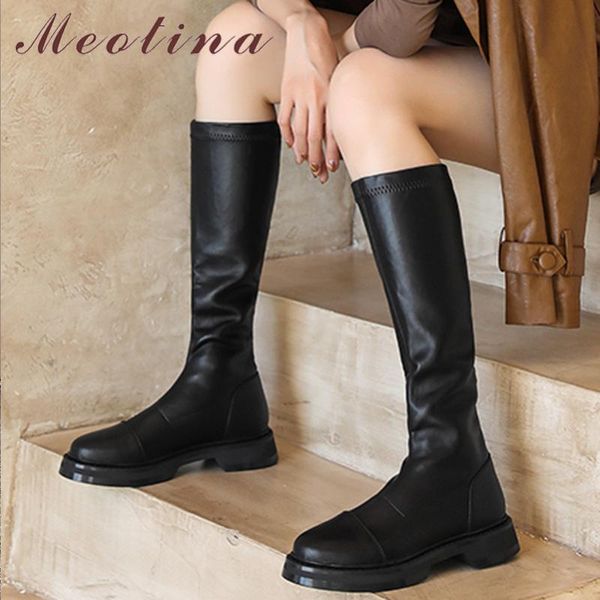 

boots meotina real leather flats platform knee high women riding shoes round toe slip on long female autumn winter, Black