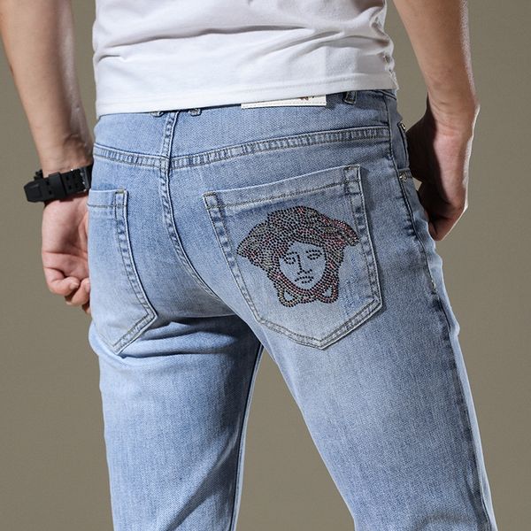 

high-end mei dusha jeans men's jeans and jeansembroidered jeanskorean-style embroidered pattern trendy stretch slim fit small feet ligh, Blue