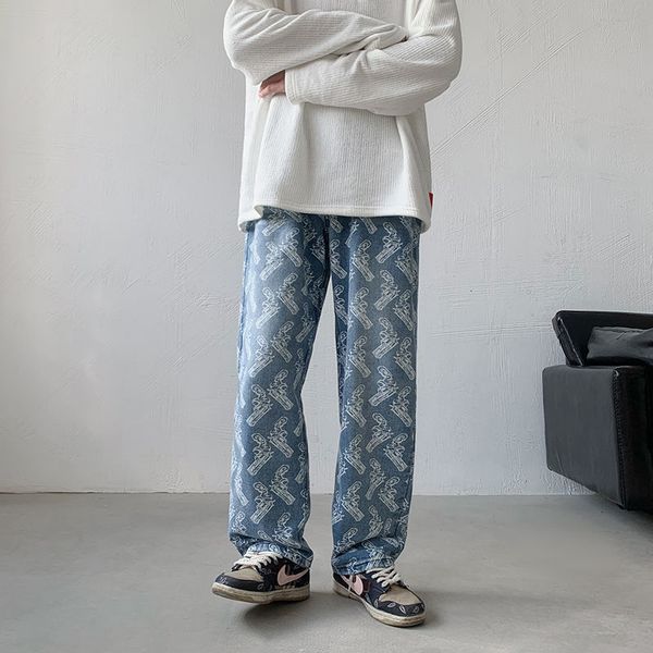

2021 new men's graphic printed jeans 2021 woman korean streetwear hip hop straight denim pants clothing fashion 7lru, Blue