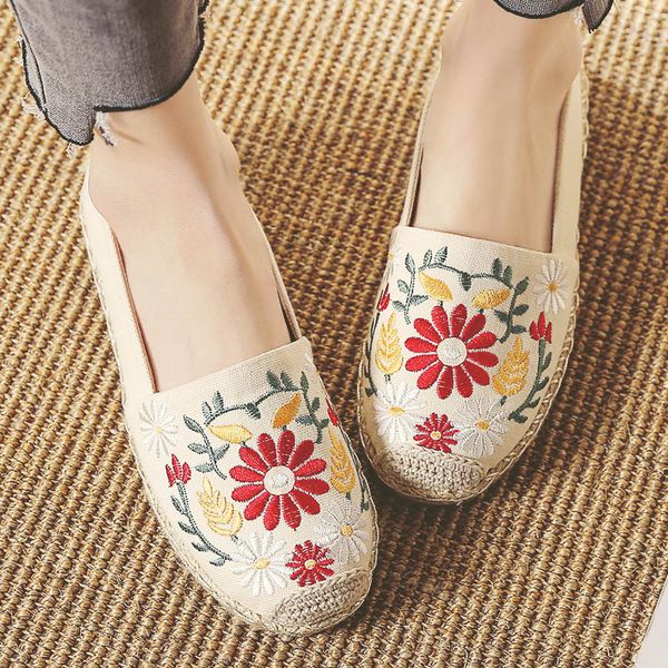 

designer shoes women espadrilles linen embroidered shoes ethnic style spring summer flower breathable sweat absorbing flat sole, Black