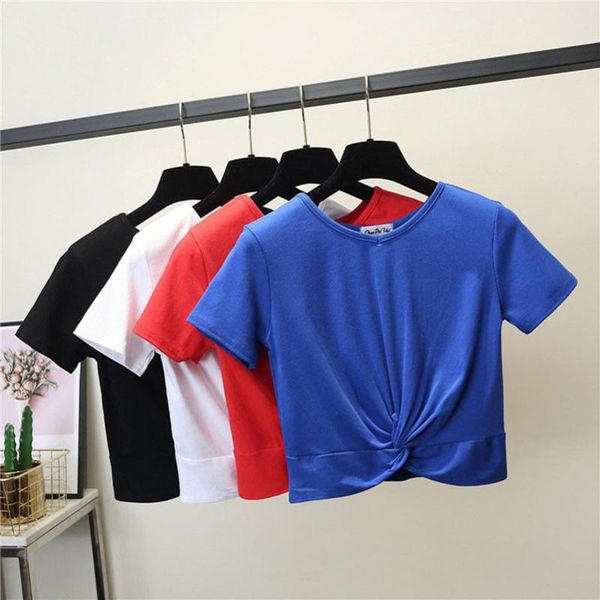 

girls female cotton cross shape t-shirt short sleeve round neck summer casual solid t-shirt high waist slim t-shirts for women, White