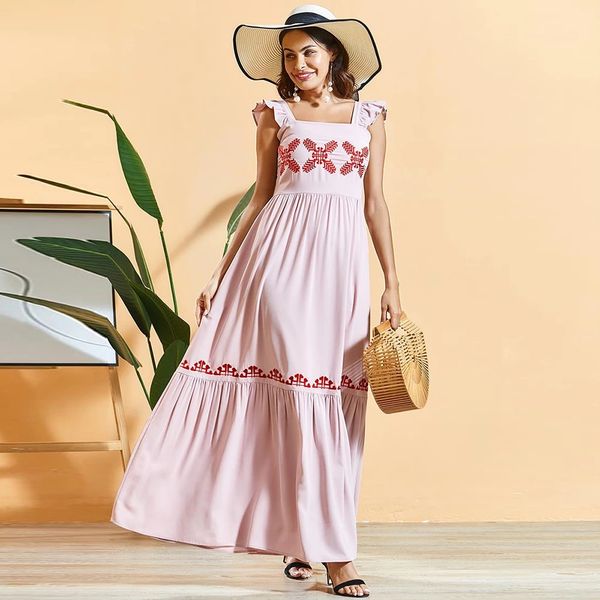 

bohemian summer dress sweet pink pleated embroidered maxi a line dresses ruffle patchwork sleeveless holiday clothing, Red