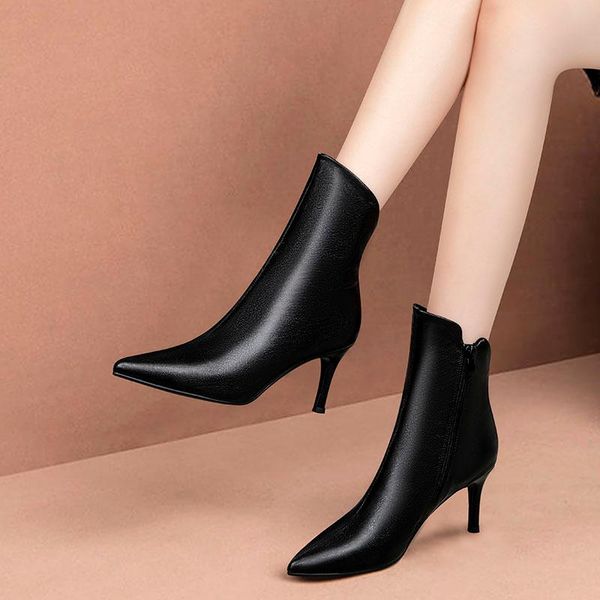 

party pointed toe boots women high heel ankle boots winter plush stiletto heel short women footwear  cm, Black