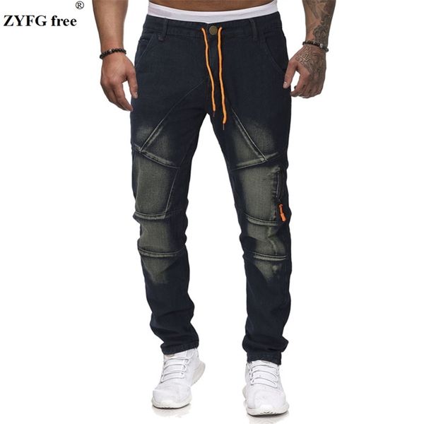 

large size men fashion casual jeans drawstring pleated cotton jeans youth full length trousers men, Blue