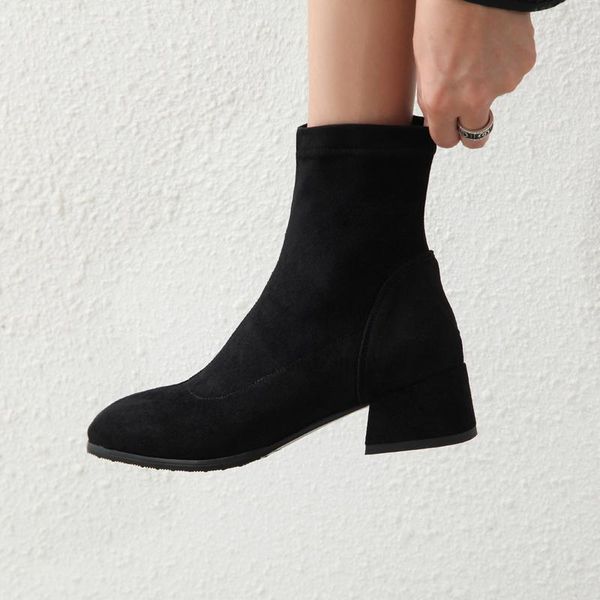 

boots stretch flock women sock ankle boot female square toe thick heels shoes ladies fashion suede winter plus size, Black
