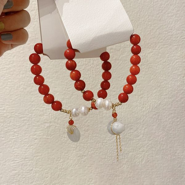 

red chalcedony pearl bracelet women's wind gourd pendant, Silver