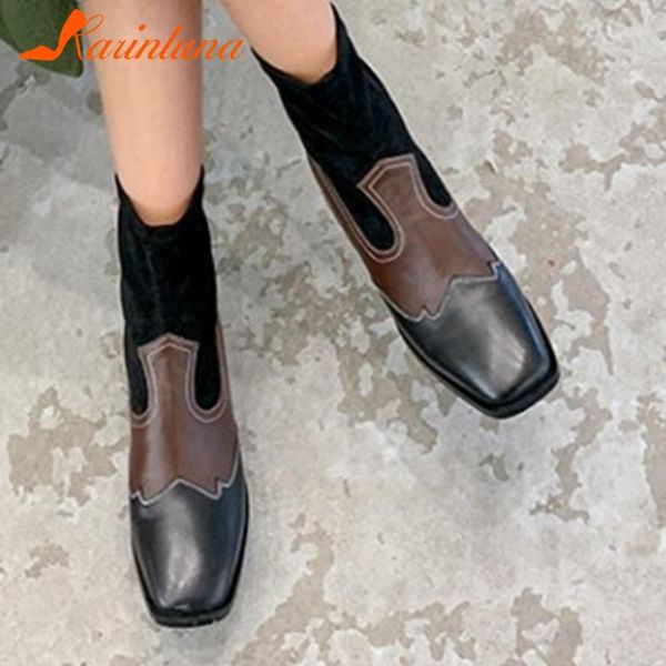 

karin short plush new arrival real cow leather ankle boots patchwork thick heels casual square toe women shoes, Black