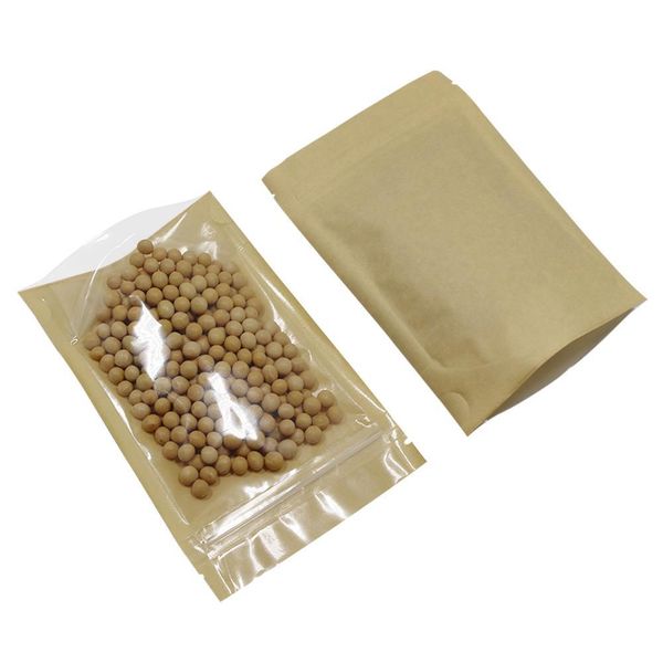 

100pcs lot stand up clear brown self seal plastic kraft paper zip lock packaging bag heat sealing zipper bag for snack bean h jllpbs