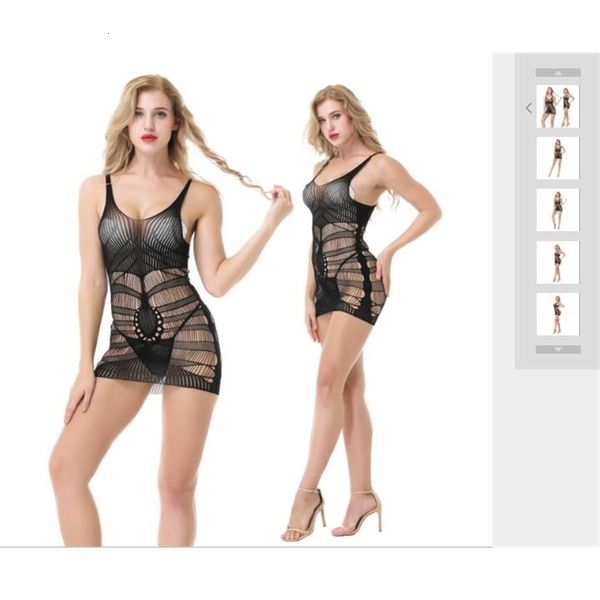 

european and american foreign trade new style hollow bag buttocks temptation net dress sling nightdress, Black